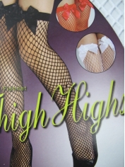 Fishnet Thigh High Stocking With Bow - White